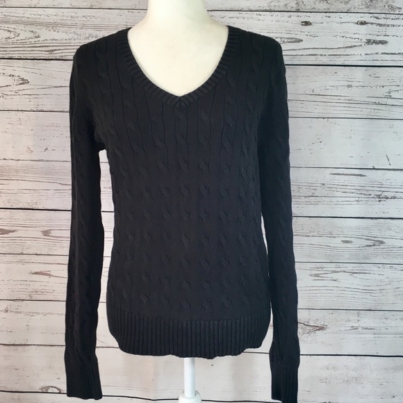 black v neck cable knit sweater